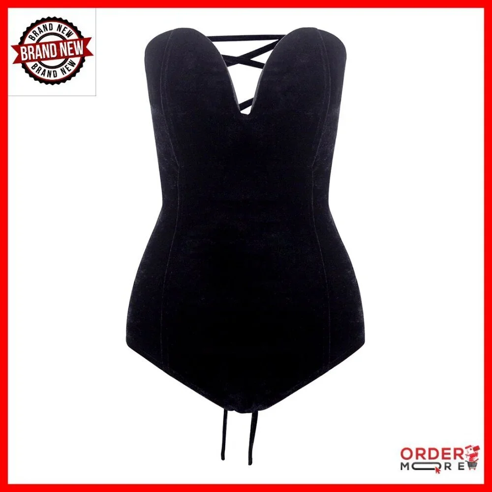 Velvet Strapless Bodysuit Plunge Neck Lace Back Y2K Chic Shapewear Party